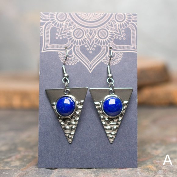 Lapis Lazuli Hammered Stainless Steel Earrings - Choose the pair you want - Picture 2 of 3